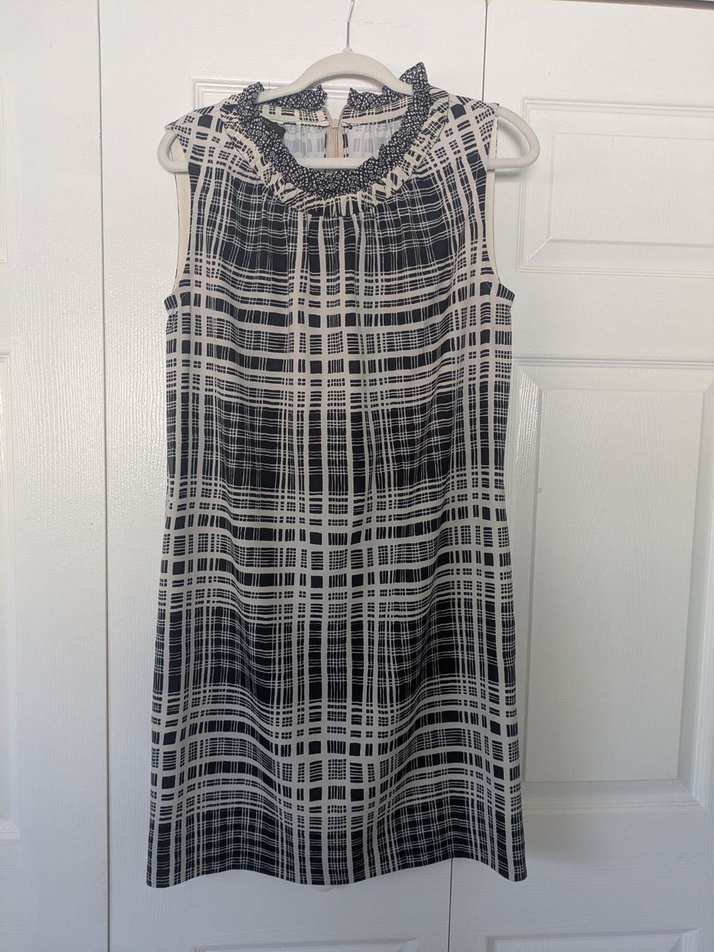MaxMara Black and White Plaid Sleeveless Ruffle-Neck Dress